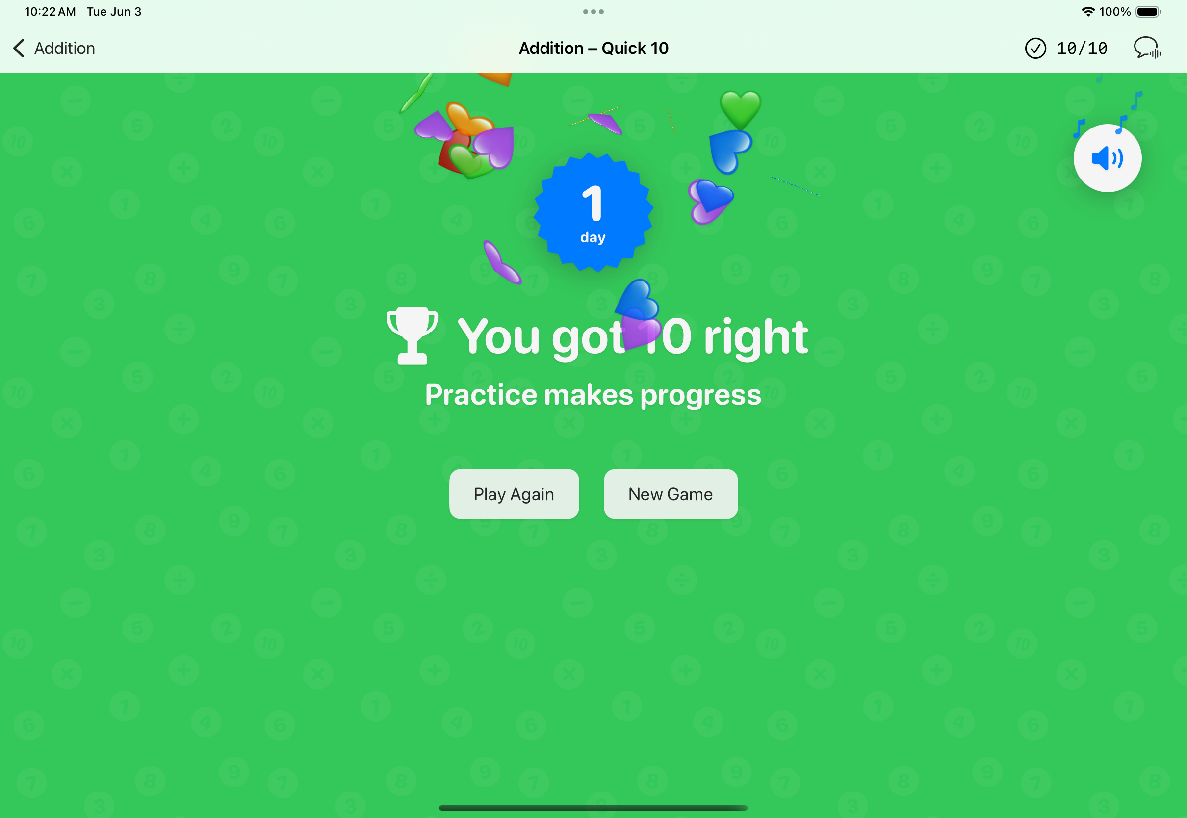 Success screen after getting 10 answers right