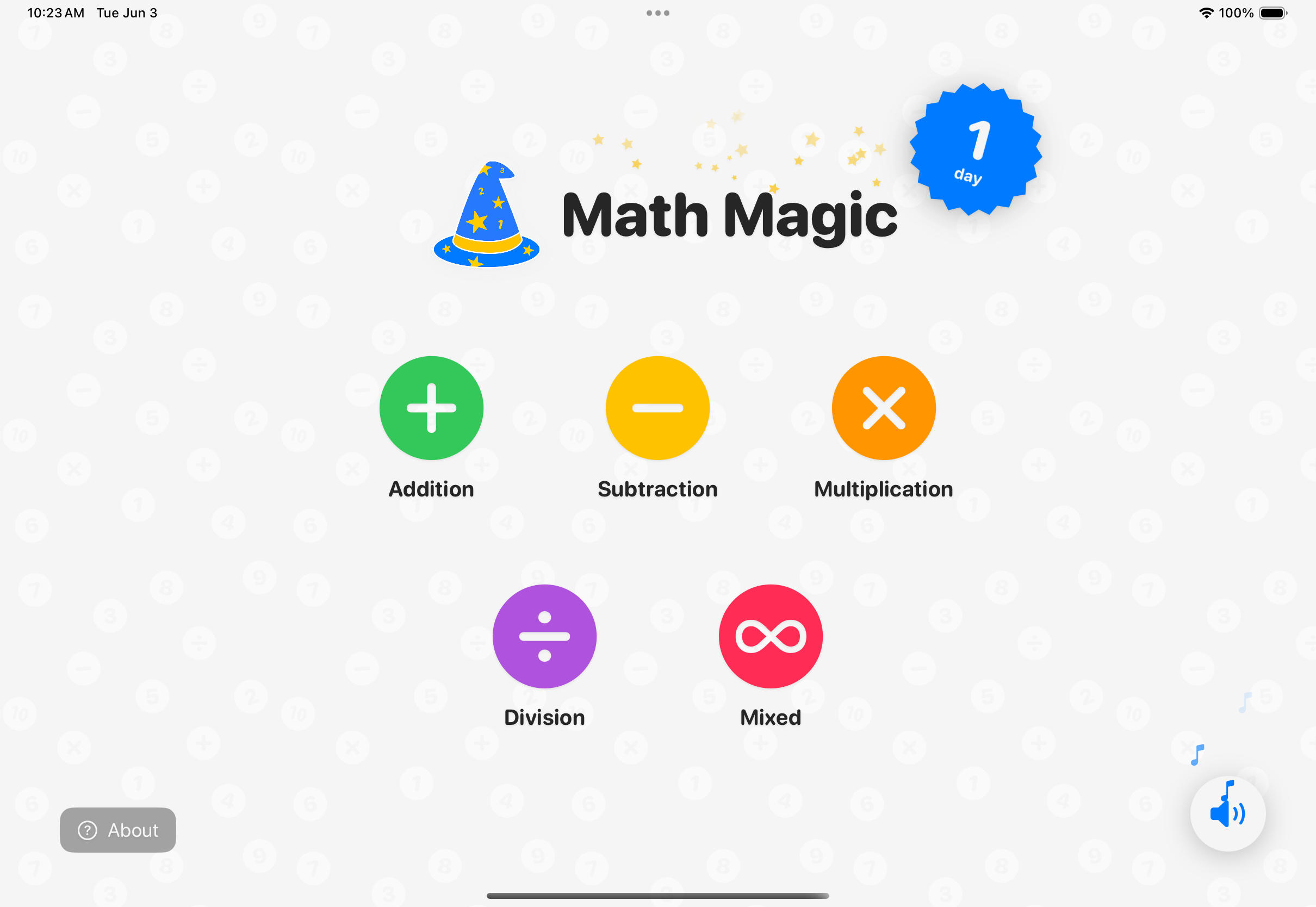 Launch screen of app showing options for Addition, Subtraction, Multiplication and Division practice